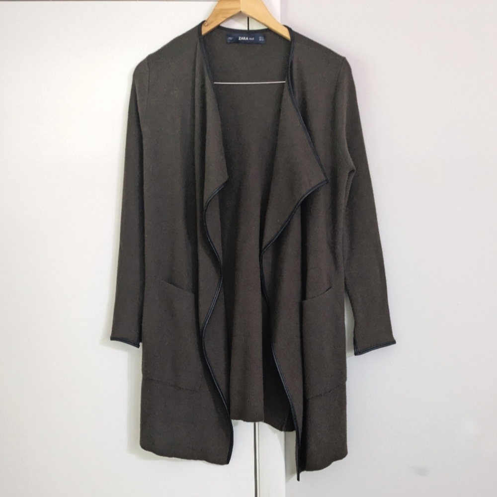 ZARA Knit Brown Black Leather Trim Sweater Coatigan Cardigan Pockets Sz Small